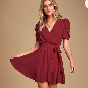 Lulu’s Perfect Moment Wine Red Puff Sleeve Dress